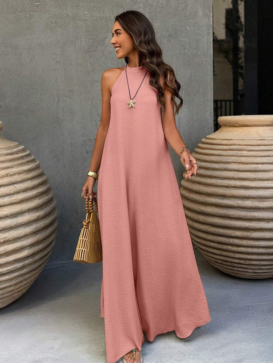 Pink Sleeveless Linen Halter A-Line Maxi Dress, Casual Vacation Elegant Plus Size