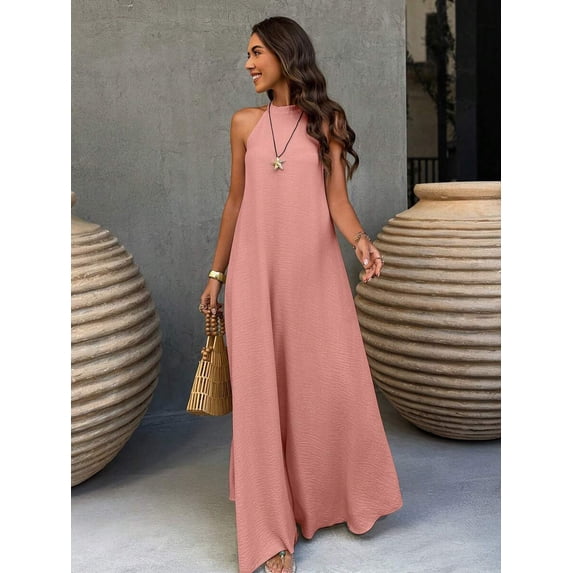 Pink Sleeveless Linen Halter A-Line Maxi Dress, Casual Vacation Elegant Plus Size