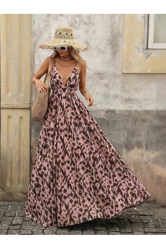Pink Sleeveless V-Neck Maxi Dress With Leopard Print, Boho Summer Flowy Style