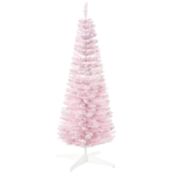 Pink Slim Pencil Christmas Tree for Small Spaces, 5 ft Snow Flocked Artificial Tree with Realistic Branches and Plastic Base