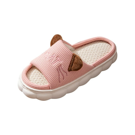 Pink Slip-On Slippers With Linen Material And Cartoon Cat Style For Women And Men Indoor And Outdoor Wear Cloth Comfort Fit
