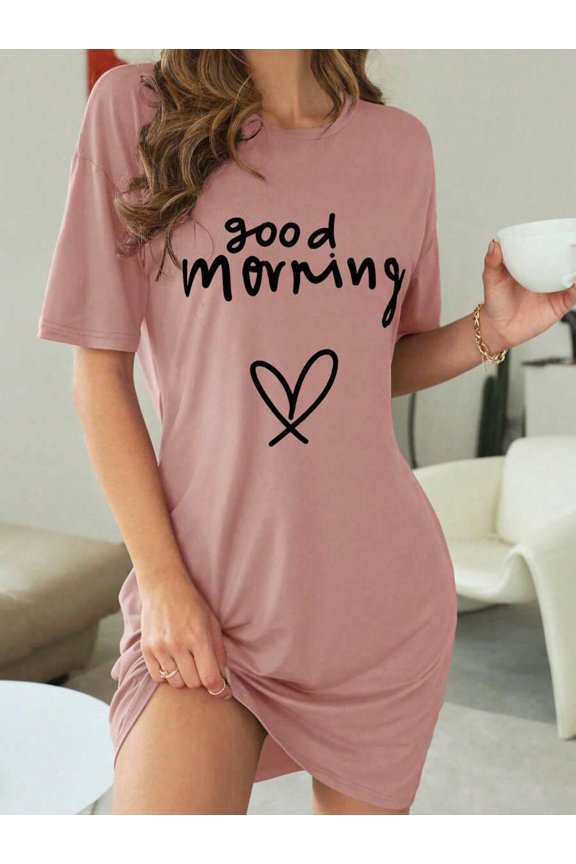 Pink Slogan Graphic Drop Shoulder Sleep Dress With Good Morning Heart Print