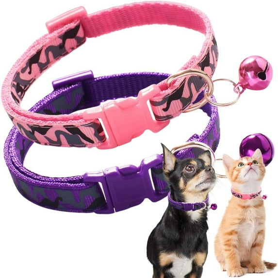 Pink Small Dog Collar with Bell, 2 Pack Girl's Cat Collar Adjustable for XXS XS Little Small Female Kitten Puppy Dogs