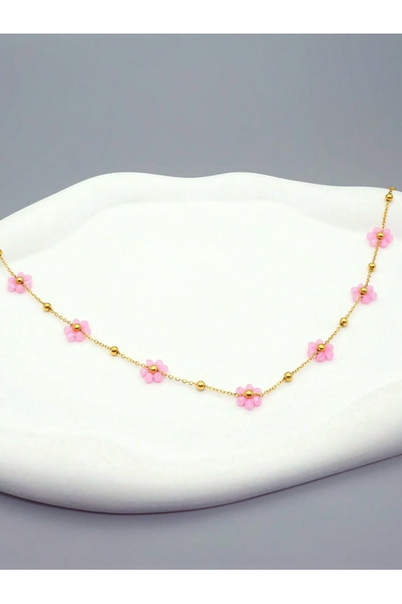 Pink Small Flower Beaded Chain Necklace For Women, Goldtone Stainless Steel Collarbone Style