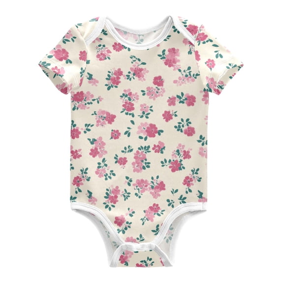 Pink Small Flowers on Cream Background Pure Cotton Bodysuit Short Sleeve Pajamas One-Piece Romper Unisex 18M