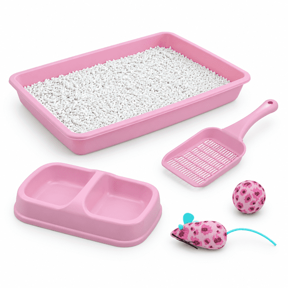 Pink Small Kitten Starter Kit with Litter Box, Scoop, Feeding Bowl and Toys
