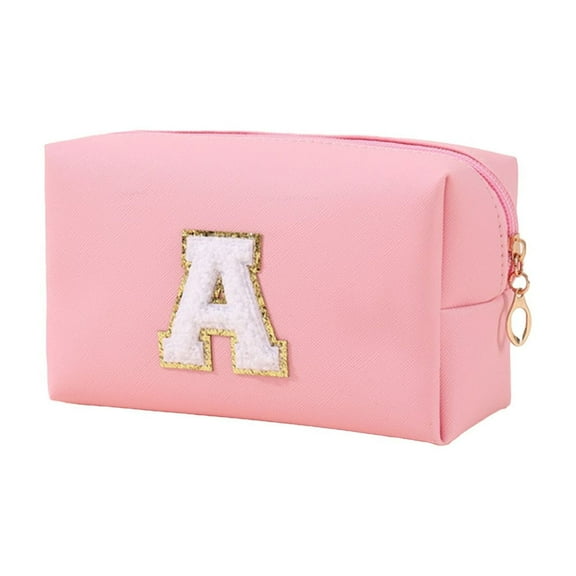 Pink Small Personalized Initial Letter Makeup Bag For Women Cute Waterproof Cosmetic Travel Bag With Zipper Nylon Pink