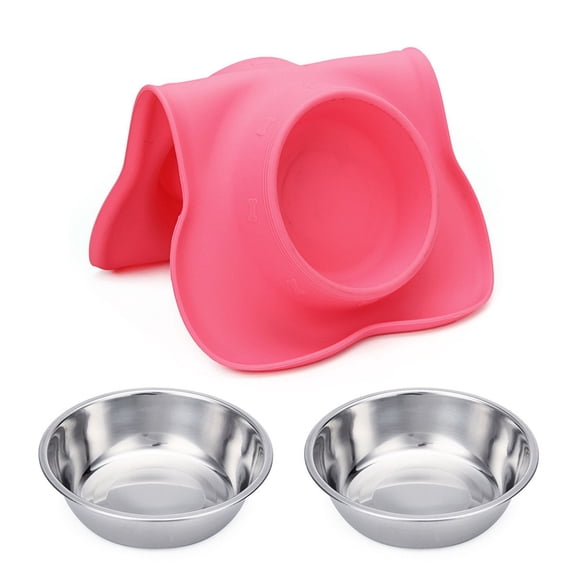 Pink Small Stainless Steel Pet Bowl Kit, 2 Dog Bowls with AntiSpill Silicone NonSlip Mat plus Pet Food Scoop, Feeding Water Bowl for Puppies, Cats, Small to Medium Dogs