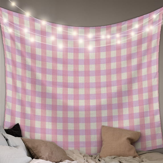 Pink Small Tapestry for Bedroom Wall Hanging Tapestry, Grid Checkered Plaid Gingham Lattice Trellis Ceiling Backdrop Tapestries Poster Blanket Wall Decor for Teens Room Living Room Dorm 23" x 28"