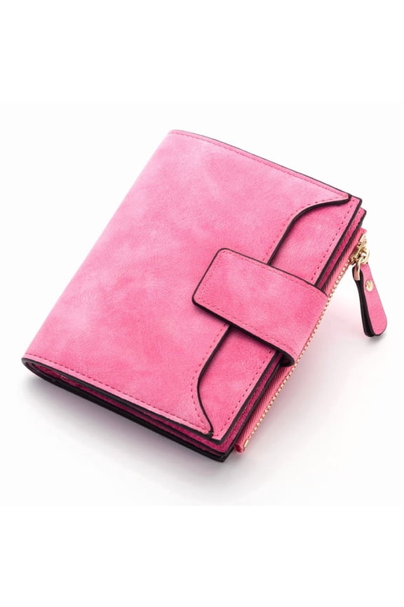 Small Wallet for Women, Bifold Compact Breathable Soft Leather Wallet with Card Holder, Zipper Coin Pocket and ID Window, Deep Pink