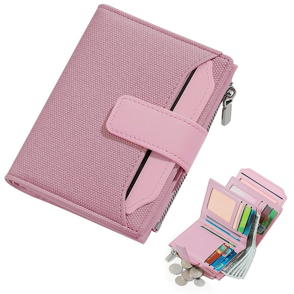 Pink Small Wallet for Women, RFID Blocking, Bifold Compact Breathable Soft Leather Wallet with Card Holder, Zipper Coin Pocket and ID Window