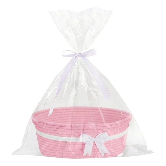 Pink Small Woven Storage Basket with Bow and Gift Bag Simplicity Home Decor Rope Baskets for Gifts Empty 13.8" X 8.5" X 5.5" Storage Toy Basket with Handles