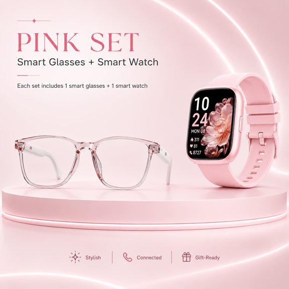 Pink Smart Glasses and Smart Watch Set, Open-Ear Audio Technology, Wireless Calling, Music Playback, AI Translation via Mobile App, Smart Notifications, Music Control and Workout Status Tracking