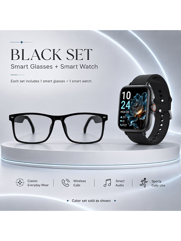 Pink Smart Glasses and Smart Watch Set, Open-Ear Audio Technology, Wireless Calling, Music Playback, AI Translation via Mobile App, Smart Notifications, Music Control and Workout Status Tracking