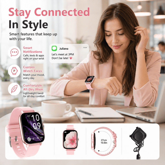 Pink Smart Watch with Stainless Steel Strap - Pink Smart Watch, Bluetooth Call Smartwatch, Stainless Steel Strap Watch, Touch Screen Fitness Watch, Women Men Daily Wear Fitness Watch, 1pc