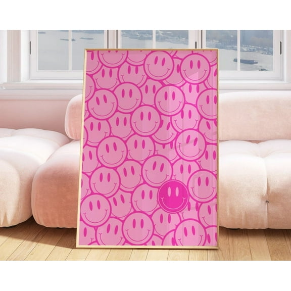 Pink Smiley Face Poster, Hot Pink Preppy Fun Smileys Wall Art, Preppy Pink College Decor, Indie Room Decor, Room Decor For Teens Wall Art, Modern Wall Decor, 12x18 UNFRAMED