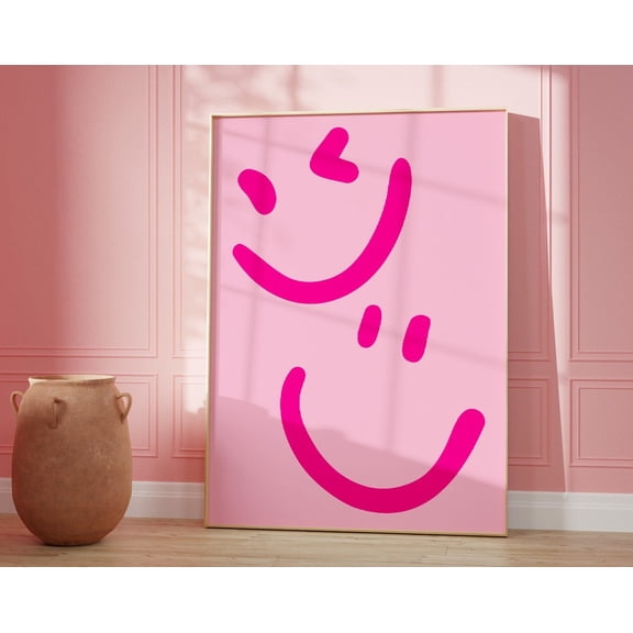 Pink Smiley Face Poster, Hot Pink Preppy Fun Smileys Wall Art, Preppy Pink College Decor, Indie Room Decor, Room Decor For Teens Wall Art, Modern Wall Decor, 24x36 UNFRAMED