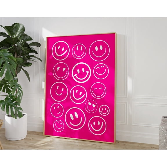Pink Smiley Face Poster, Hot Pink Preppy Fun Smileys Wall Art, Preppy Pink College Decor, Indie Room Decor, Room Decor For Teens Wall Art, Modern Wall Decor, 8x12 UNFRAMED