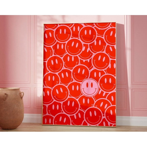 Pink Smiley Face Poster, Pink Orange Preppy Fun Smileys Wall Art, Preppy Pink College Decor, Indie Room Decor, Room Decor For Teens Wall Art, Modern Wall Decor, 12x18 UNFRAMED
