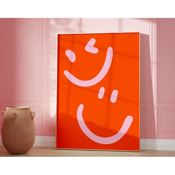 Pink Smiley Face Poster, Pink Orange Preppy Fun Smileys Wall Art, Preppy Pink College Decor, Indie Room Decor, Room Decor For Teens Wall Art, Modern Wall Decor, 24x36 UNFRAMED