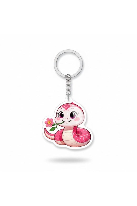 Pink Snake Keychain, Serpent with Flower, Reptile Lover Gift