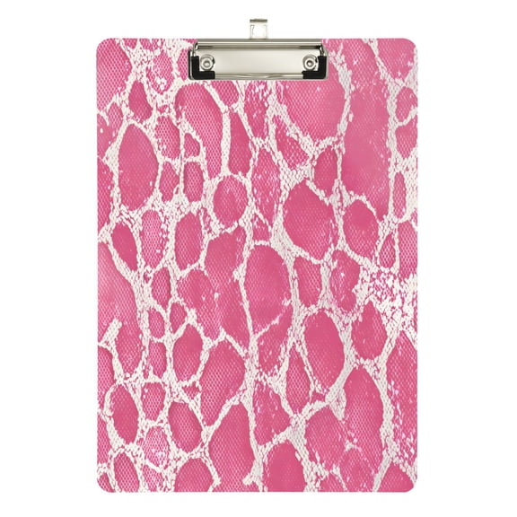 Pink Snake Skin Print Acrylic Clipboard Drawing Board with Hook Writing Pad File Storage A4 Size Silver 12.5" x 9"