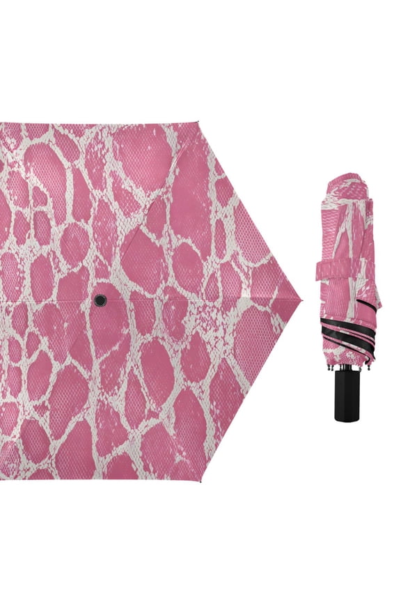Pink Snake Skin Print All Weather Umbrella Triple Folding Parasol 6 Ribs UV Protection Portable