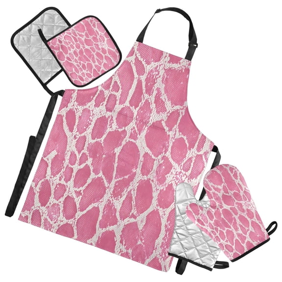 Pink Snake Skin Print Apron Set with Oven Mitts Pot Holders Set of 5 Kitchen Stuff Accessories