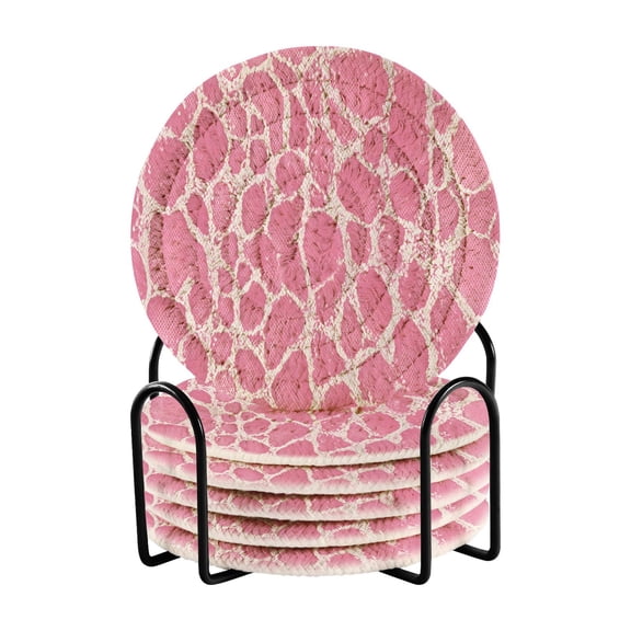 Pink Snake Skin Print Drinking Coasters Cup Mat with Holder for Kitchen Cafe Bar 6 Packs
