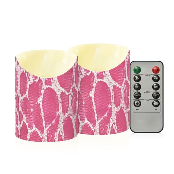 Pink Snake Skin Print Flickering Flameless Candles with Remote Timer Battery Operated LED Tealight Set of 2 S