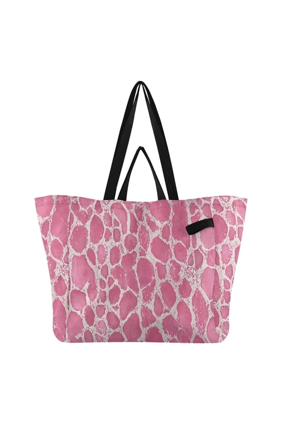Pink Snake Skin Print Foldable Canvas Tote Bags Reusable Grocery Bags Laundry Bags Beach Bag 32L