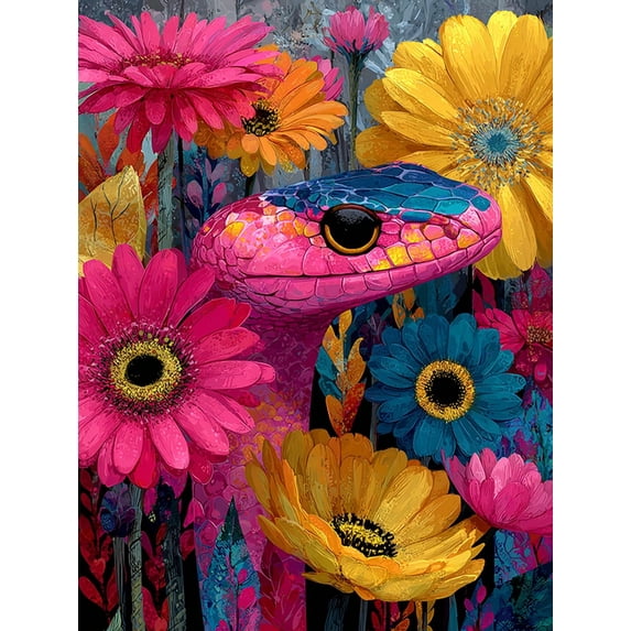 Pink Snake in Blooming Garden Canvas Art, Whimsical Floral Scene, Boho Eclectic Home Wall Decor