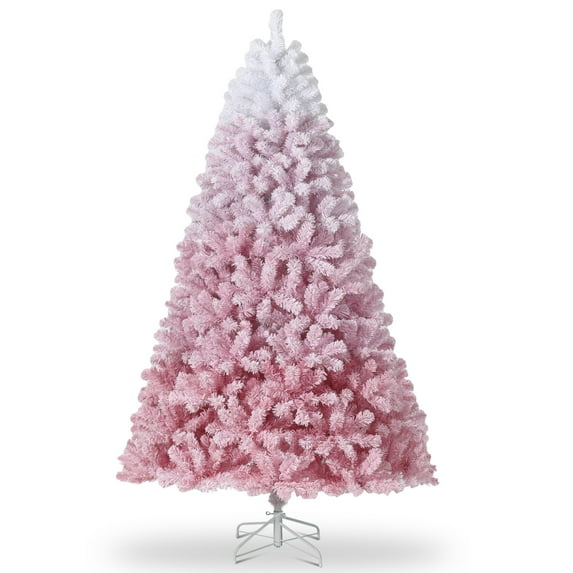 Pink Snow Flocked Christmas Tree 6ft Pre-lit - 100 RGB & Warm White LEDs, Gradient Color Design, Foldable Metal Base, Flame Retardant PVC for Home Office Party Decor