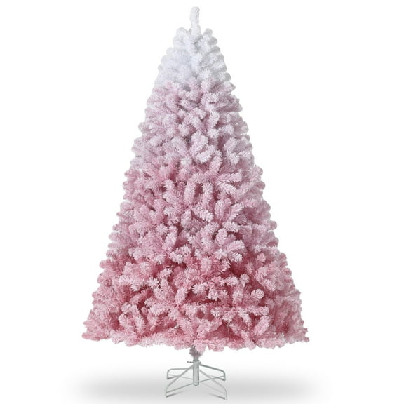 Pink Snow Flocked Christmas Tree 6ft Pre-lit - 100 RGB & Warm White LEDs, Gradient Color Design, Foldable Metal Base, Flame Retardant PVC for Home Office Party Decor