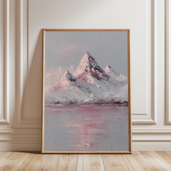 Pink Snow Mountains Reflection Landscape Impressionist Wall Art Minimal Nature Print Decor, Unframed Paper Print