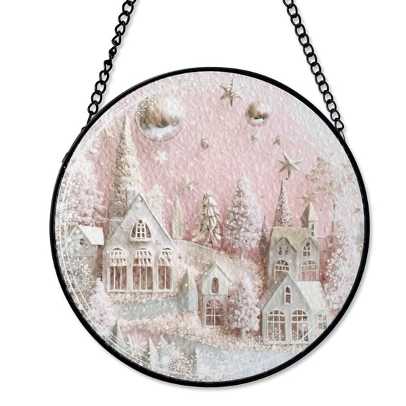 Pink Snow Winter Scene Suncatcher Stained Glass Style, UV Printed Glass, Christmas Holiday Decoration, Round