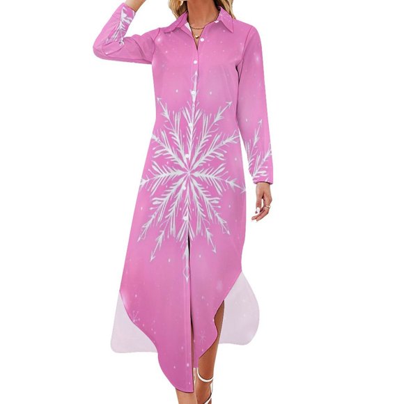 Pink Snowflake Background Casual Dress Dresses V Neck Chiffon Dress Long Sleeve Clothes