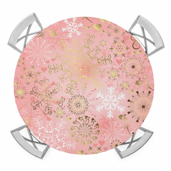 Pink Snowflake Christmas Round Tablecloth for 36-44 Inch Tables, Fitted Table Cover with Elastic Edge, Xmas Snowflake Waterproof Outdoor Table Cloth Protector for Patio Garden Dinner Picnic