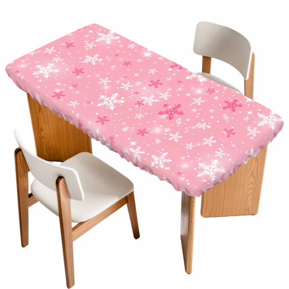 Pink Snowflake Christmas Table Cloths for 6 Foot Rectangle Tables, Winter Xmas Snowflake Patio Waterproof Elastic Fitted Tablecloths, Washable Rectangular Table Cover for Camping