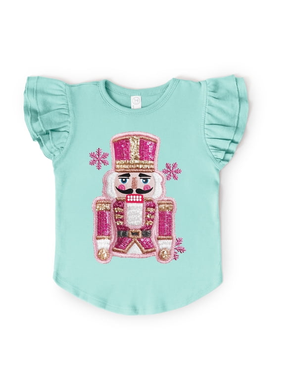 Pink Snowflake Nutcracker Patchwork Print - Flutter Sleeve Graphic T-Shirt
