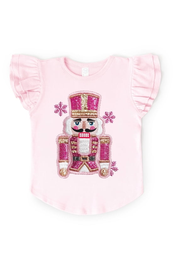Pink Snowflake Nutcracker Patchwork Print - Flutter Sleeve Graphic T-Shirt