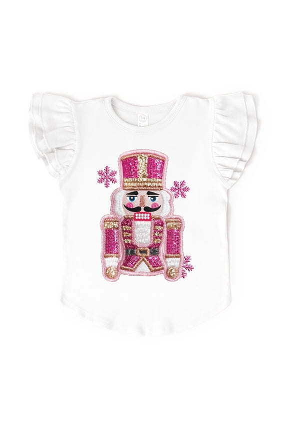 Pink Snowflake Nutcracker Patchwork Print - Flutter Sleeve Graphic T-Shirt