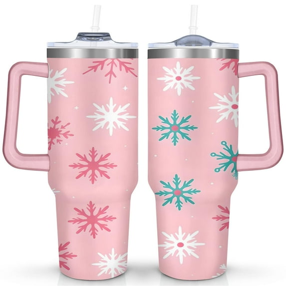Pink Snowflakes 40 Oz Tumbler with Handle Lid and Straw Stainless Steel Double Walled Vacuum Insulated Cup Merry Christmas Gifts Tumbler for Women Men Friends Outdoor Indoor