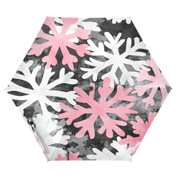 Pink Snowflakes Folding Umbrella UV50+ Waterproof Sun Protection Auto Open Close Compact Fiberglass Frame