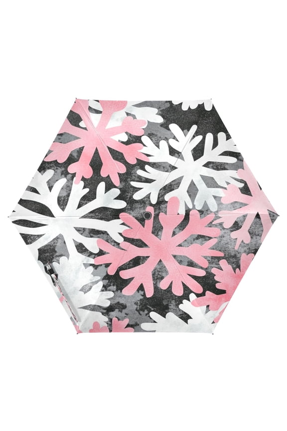 Pink Snowflakes Folding Umbrella UV50+ Waterproof Sun Protection Auto Open Close Compact Fiberglass Frame