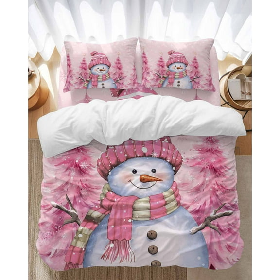 Pink Snowman Bedding Duvet Cover Set Full Size 4 Pieces Christmas Tree Winter Snowflake Bedding Set with Zipper Closure, 1 Comforter Cover 86x86 Inches 1 Flat Sheet & 2 Pillow Cases