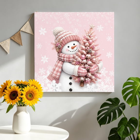 Pink Snowman Canvas Wall Art, Christmas Snowman in Knit Hat Scarf Pink Xmas Tree Pictures Wall Decor Wooden Framed Artwork Art Prints for Living Room Hallway Bedroom Office 8"x8"