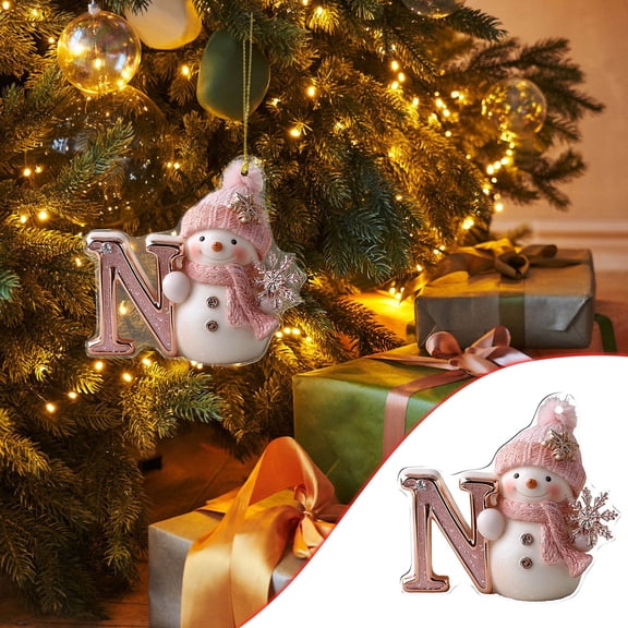 Pink Snowman Christmas A-Z Letters Ornament, Cute Flat Acrylic Christmas Tree Letter Decoration Personalized Monogram Hanging Pendant, Indoor DIY Hanging Xmas Ornament, (N)