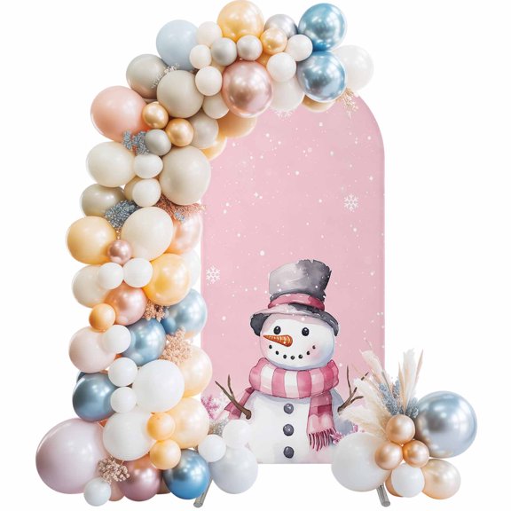 Pink Snowman Christmas Arch Backdrop Cover 7.2x4 Ft, Spandex Wedding Arch Stand Cover, Xmas Pink Snowflake Winter Round Top Stretch Fitted Background Covers for Birthday Ceremony Party Decor