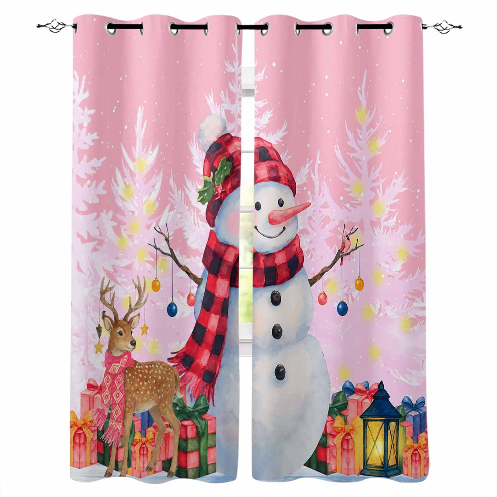 Pink Snowman Christmas Blackout Curtains for Bedroom 45 Inch Length 2 ...